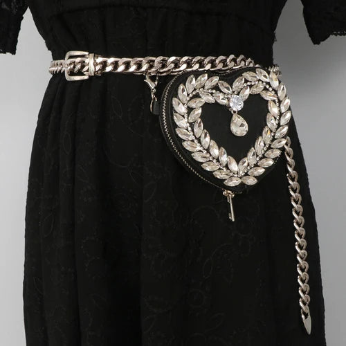 Women Mini Fanny Pack Heart Rhinestone Waist Bag Metal Chain Belt