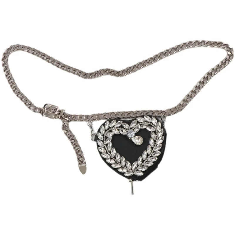 Women Mini Fanny Pack Heart Rhinestone Waist Bag Metal Chain Belt