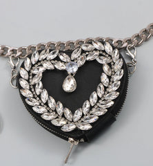 Women Mini Fanny Pack Heart Rhinestone Waist Bag Metal Chain Belt