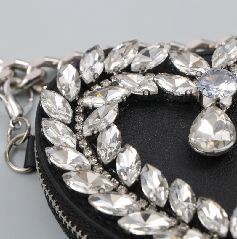 Women Mini Fanny Pack Heart Rhinestone Waist Bag Metal Chain Belt