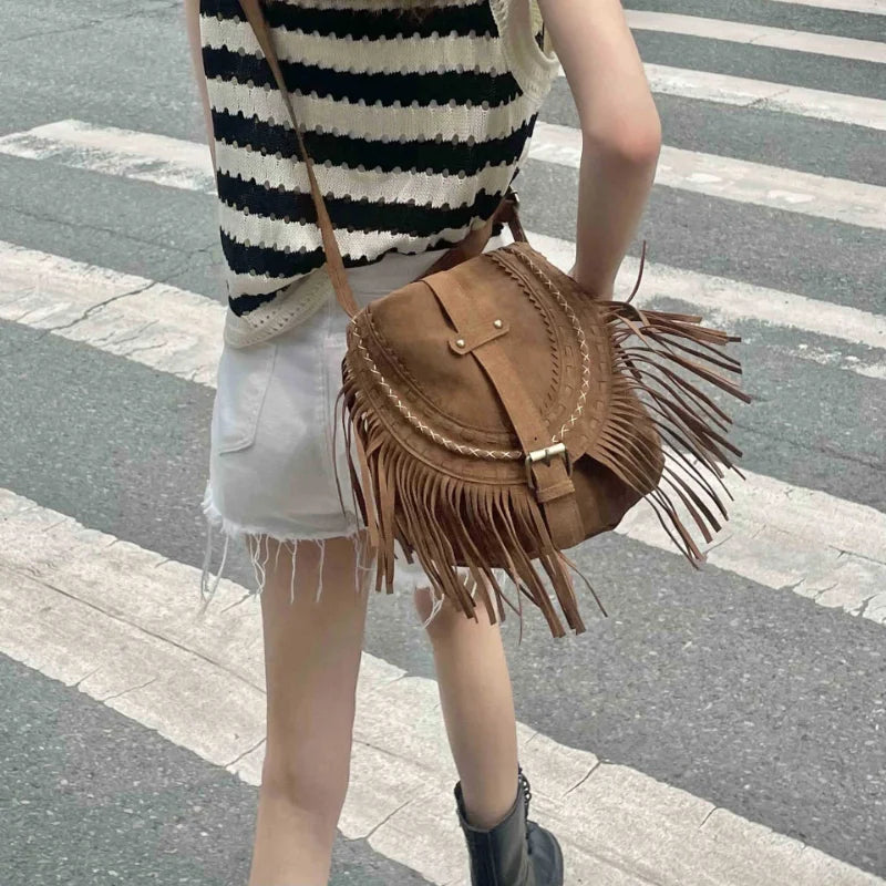 Rivet Fringe Tassel Messenger Bag Women Hobo Shoulder Bags Crossbody Handbag
