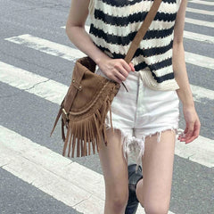 Rivet Fringe Tassel Messenger Bag Women Hobo Shoulder Bags Crossbody Handbag