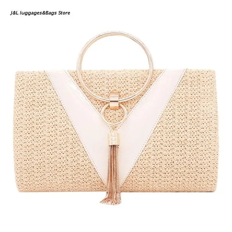 Evening Dinner Tassel Clutch Straw Bag Crossbody Ring Handle Banquet