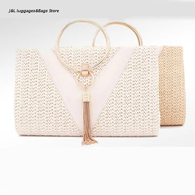 Evening Dinner Tassel Clutch Straw Bag Crossbody Ring Handle Banquet