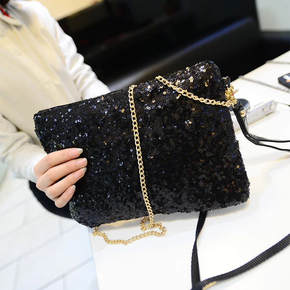 Evening Party Golden Glitter Shoulder Bag Club Handbags Sequins Zipper Chain