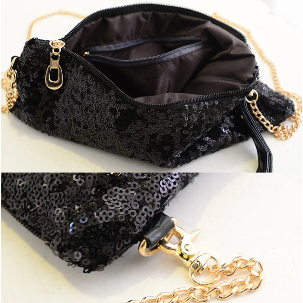 Evening Party Golden Glitter Shoulder Bag Club Handbags Sequins Zipper Chain