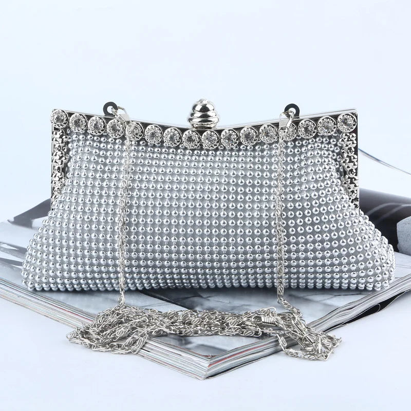 Vintage Silver Glitter Bead Evening Clutch Bag Bridal Purse