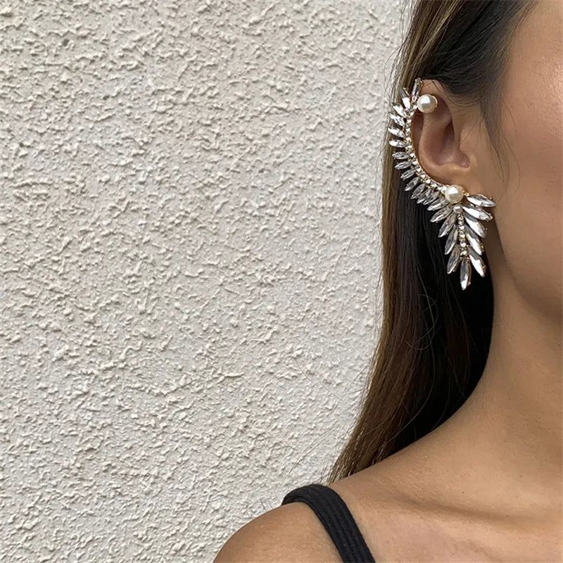 Crystal Pearl Set Auger Ears Hang Leaves Clip Earrings