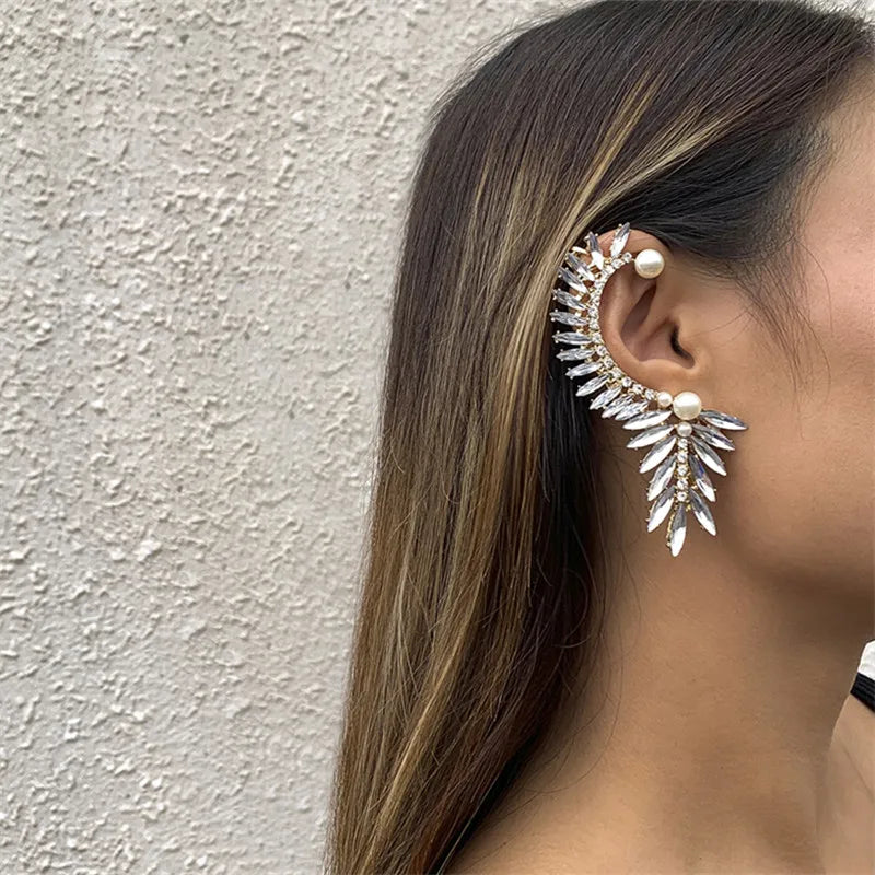 Crystal Pearl Set Auger Ears Hang Leaves Clip Earrings