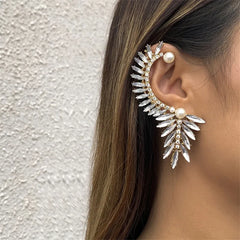 Crystal Pearl Set Auger Ears Hang Leaves Clip Earrings