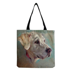 Oil Painting Dog Print Shopping Bag Pug Retriever Shoulder Handbag