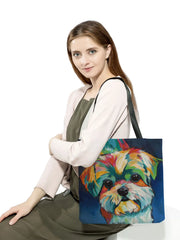 Oil Painting Dog Print Shopping Bag Pug Retriever Shoulder Handbag