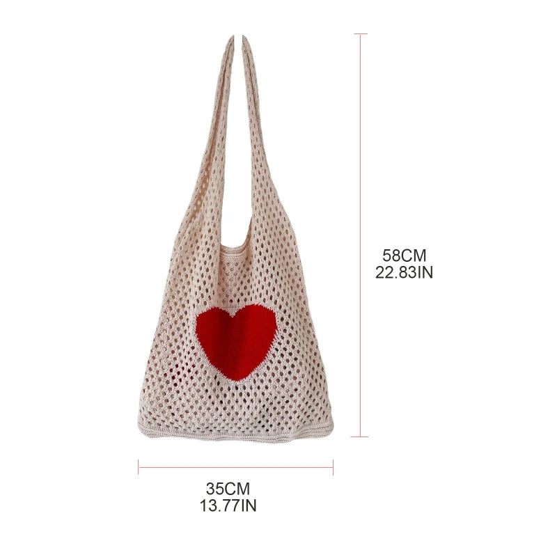 Large Capacity Knitted Mesh Hollow Handbag Shoulder Bag Heart Tote Bag