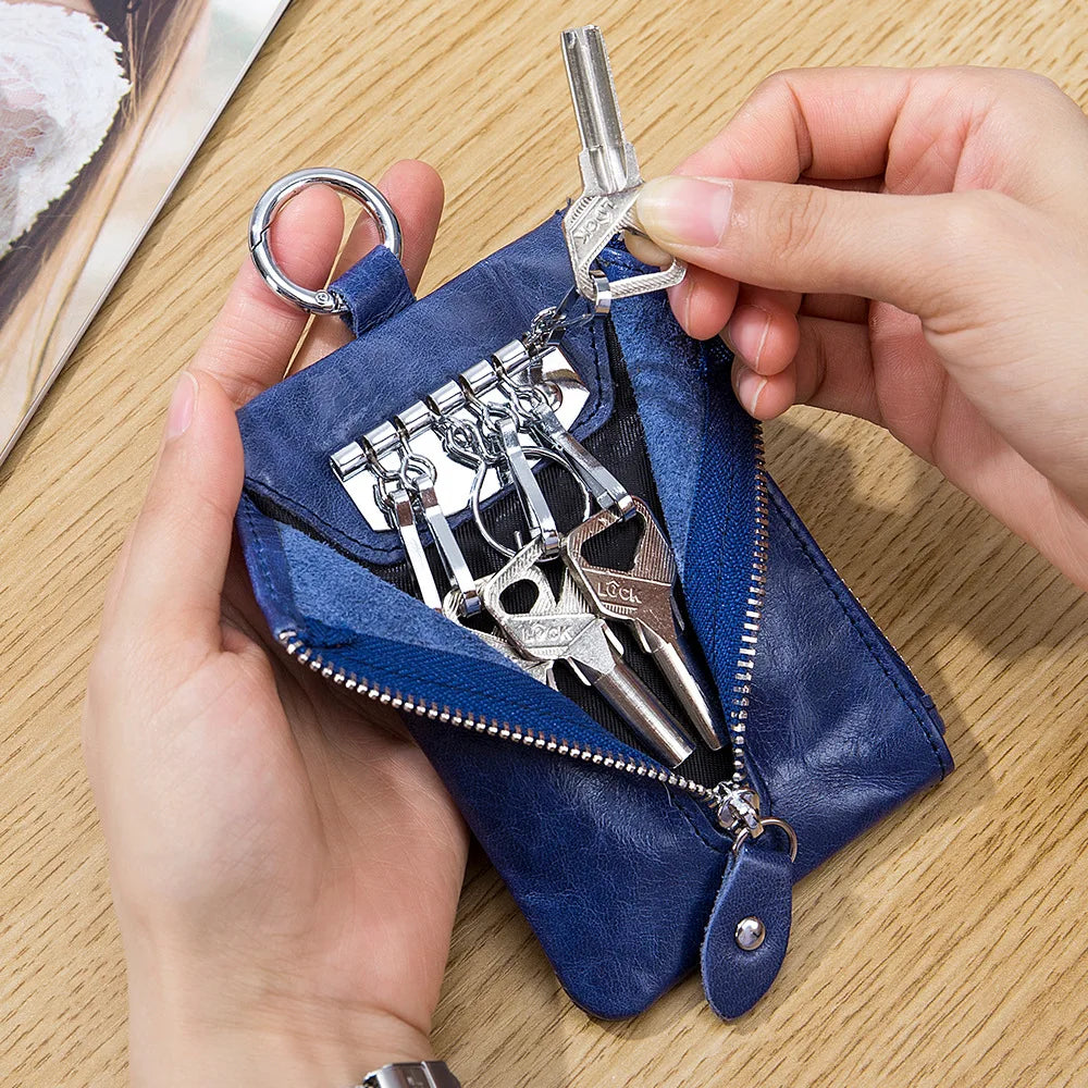 Large Capacity Cowhide Leather Men Zipper Coin Pocket Key Ring Bags