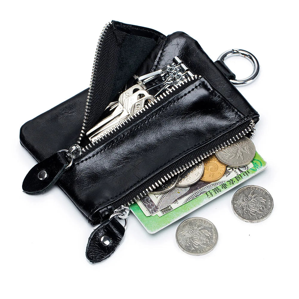 Large Capacity Cowhide Leather Men Zipper Coin Pocket Key Ring Bags