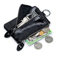 Large Capacity Cowhide Leather Men Zipper Coin Pocket Key Ring Bags