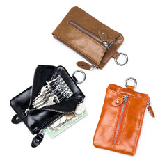 Large Capacity Cowhide Leather Men Zipper Coin Pocket Key Ring Bags