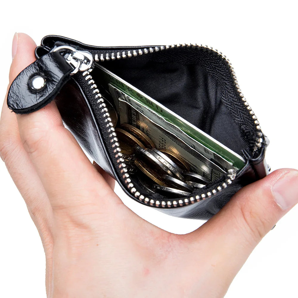 Large Capacity Cowhide Leather Men Zipper Coin Pocket Key Ring Bags