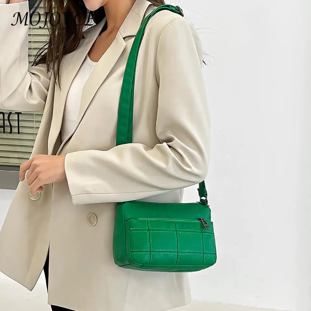 Women PU Leather Shoulder Bag Ladies Embroidery Thread Zipper Bag