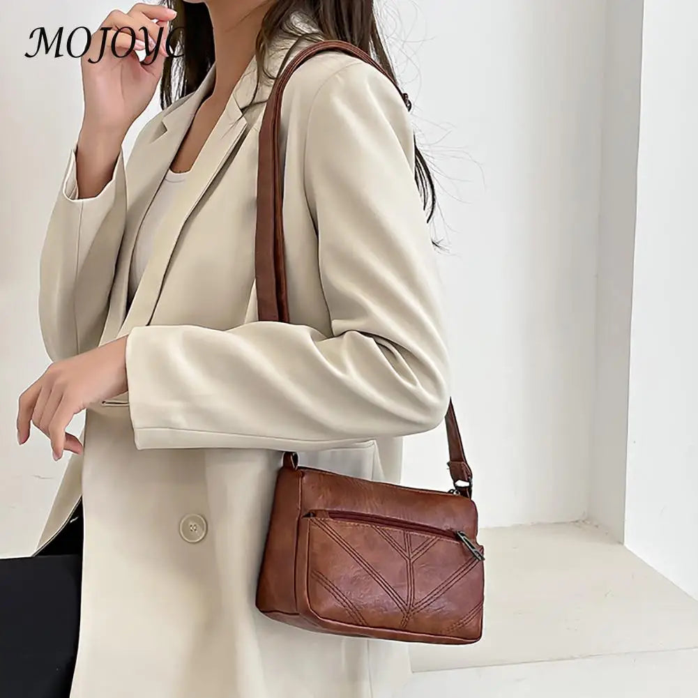 Women PU Leather Shoulder Bag Ladies Embroidery Thread Zipper Bag