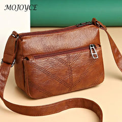 Women PU Leather Shoulder Bag Ladies Embroidery Thread Zipper Bag