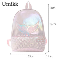 Fish Tail Girls School Backpack PU Leather Shoulder Bag for Travel