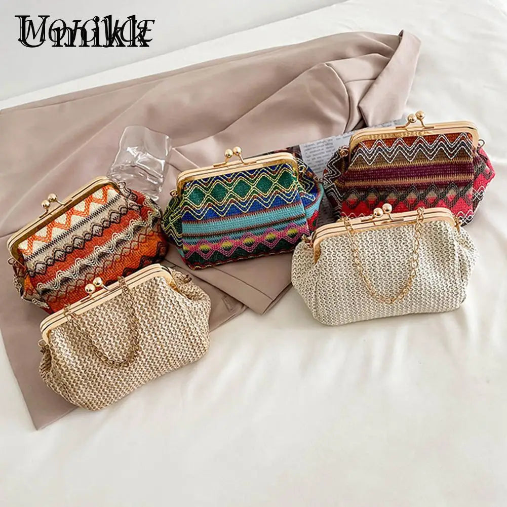 Straw Bucket Pouch Women Handbag Chain Messenger Bag