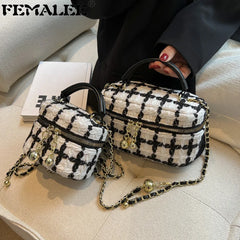 Woolen Tweed Handbags Small Chain Purse for Women with Zipper