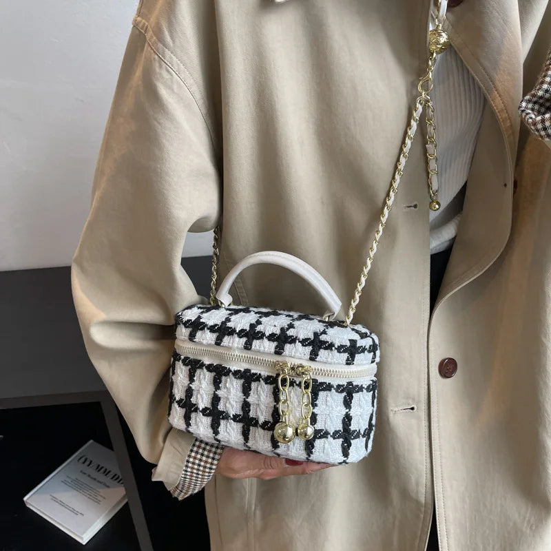 Woolen Tweed Handbags Small Chain Purse for Women with Zipper