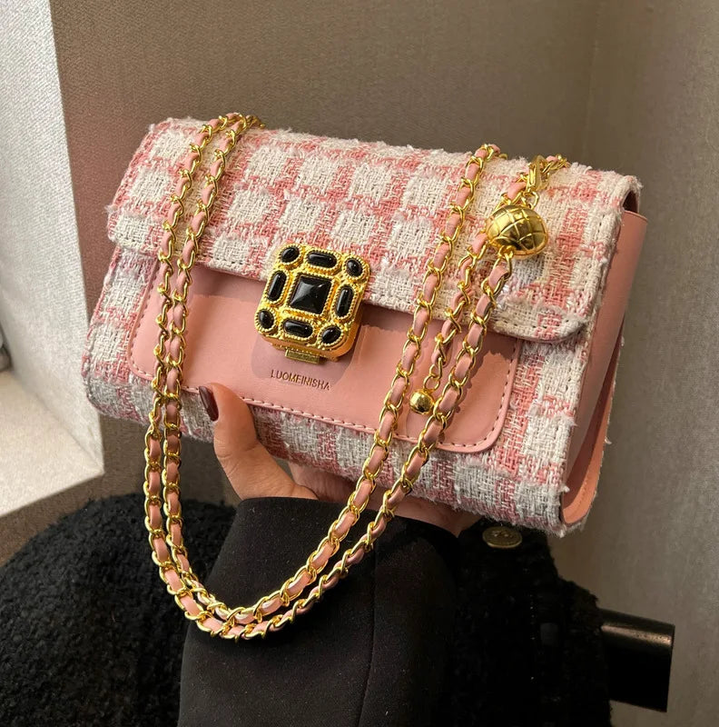 Woolen Plaid Shoulder Bag Women Lady Travel Crossbody Handbag