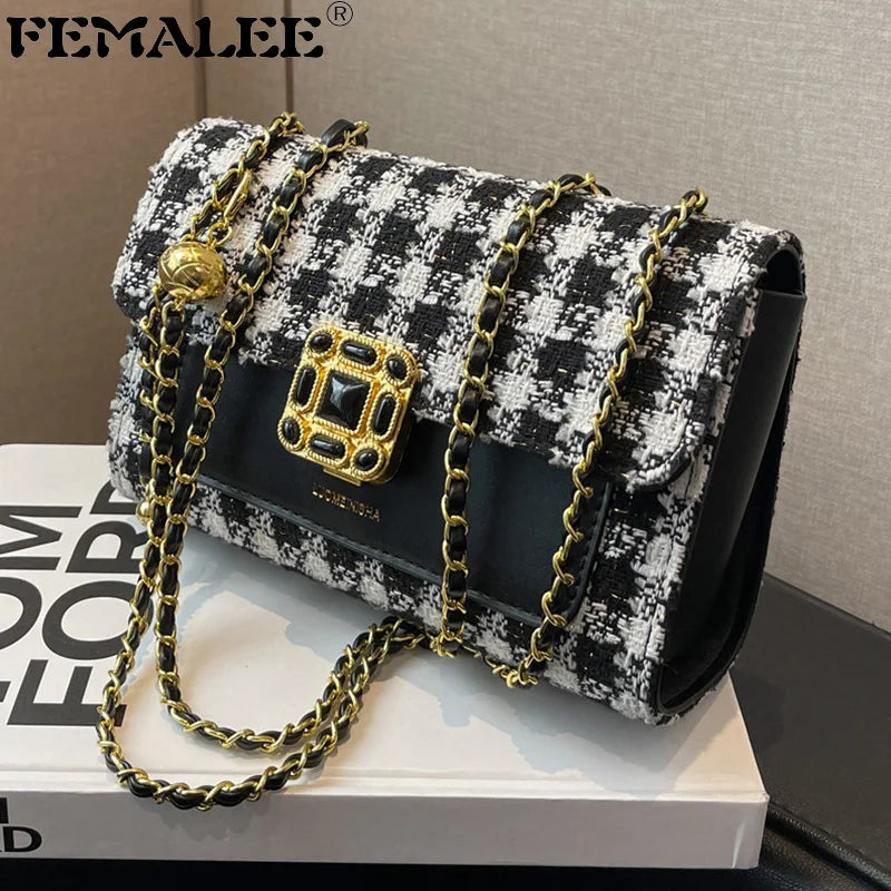 Woolen Plaid Shoulder Bag Women Lady Travel Crossbody Handbag