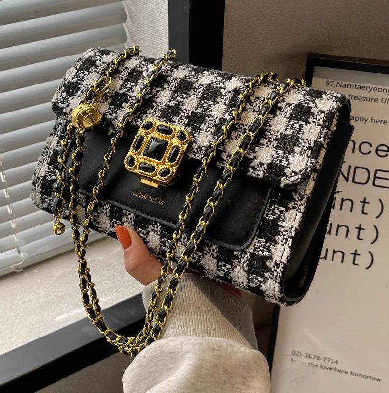 Woolen Plaid Shoulder Bag Women Lady Travel Crossbody Handbag