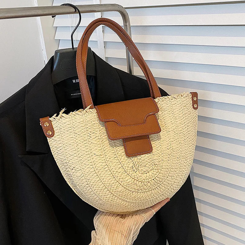 Beach Straw Bag Semi-Circle Leather Strap Shoulder Large Woven Rattan Bag
