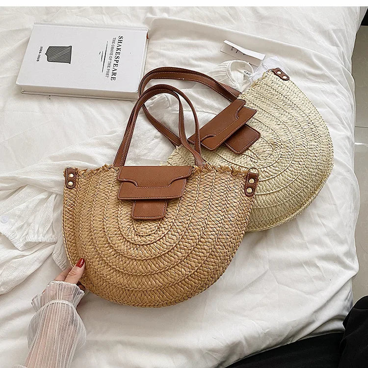 Beach Straw Bag Semi-Circle Leather Strap Shoulder Large Woven Rattan Bag