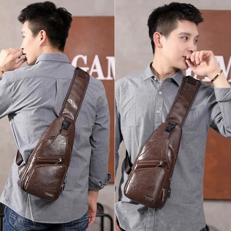 FGGS-Men's Chest Bag USB Crossbody Vintage Business Pouch Dark Brown