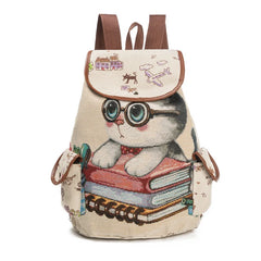 Flying Birds Cat Backpack Canvas Book Bag Drawstring Backpacks For Teenage Girls
