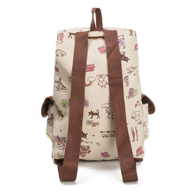 Flying Birds Cat Backpack Canvas Book Bag Drawstring Backpacks For Teenage Girls