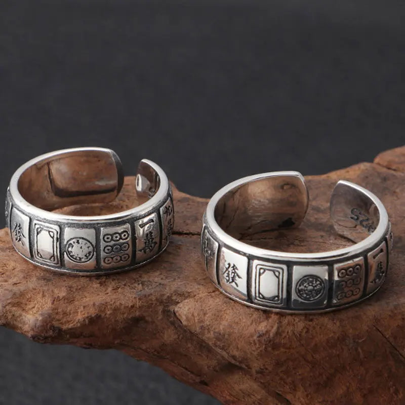 925 Silver Mahjong Ring S925 Sterling Silver Men's Jewelry Adjustable Size 6-11