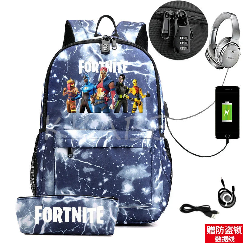 FORTNITES Anti Theft USB Backpack Waterproof School Bag