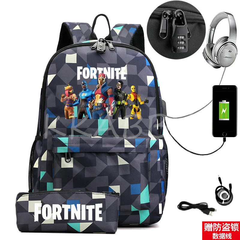 FORTNITES Anti Theft USB Backpack Waterproof School Bag
