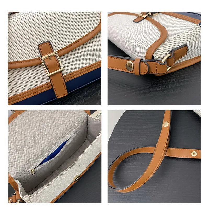Panelled Shoulder Bag Canvas PU Leather Patchwork Messenger Bag WLHB2474