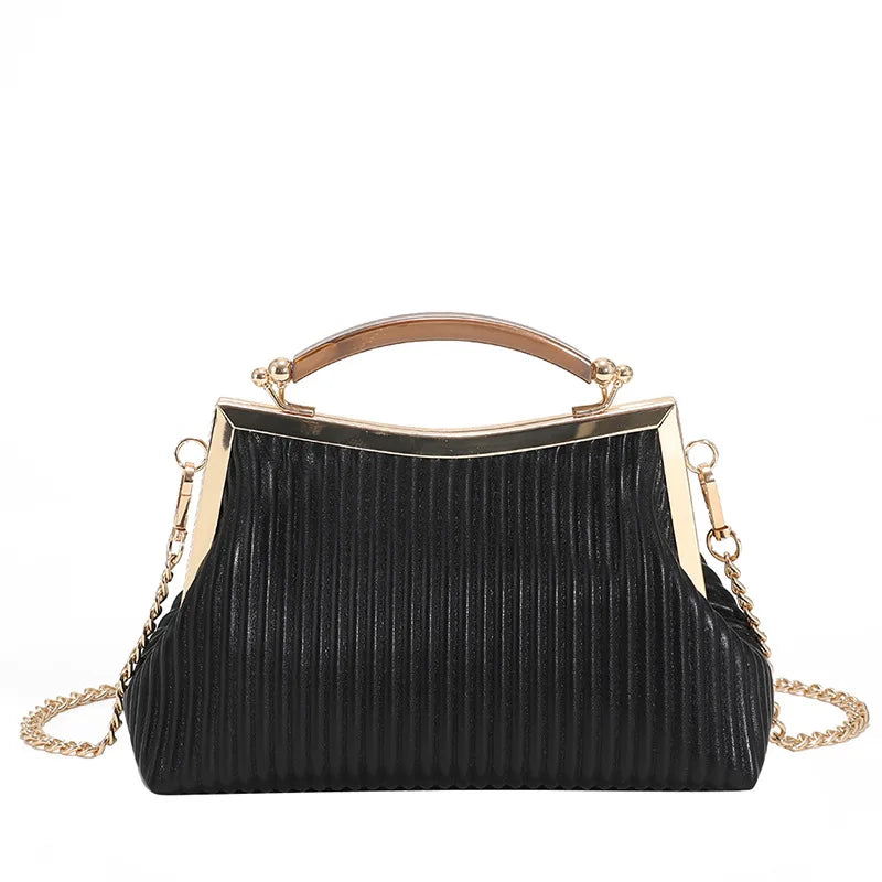 Fashion Metal Handle Ladies Handbag Chain Shoulder Bag Stripe Pleated Square Cro