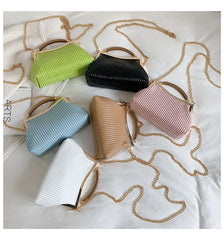 Fashion Metal Handle Ladies Handbag Chain Shoulder Bag Stripe Pleated Square Cro