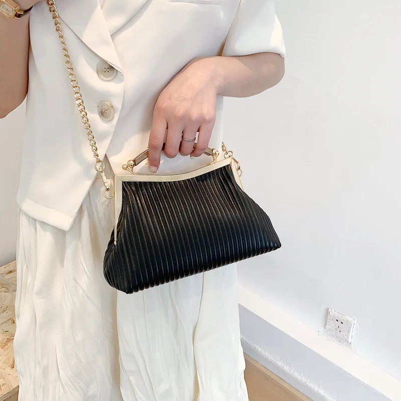 Fashion Metal Handle Ladies Handbag Chain Shoulder Bag Stripe Pleated Square Cro