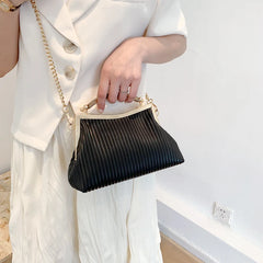 Fashion Metal Handle Ladies Handbag Chain Shoulder Bag Stripe Pleated Square Cro