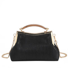 Fashion Metal Handle Ladies Handbag Chain Shoulder Bag Stripe Pleated Square Cro