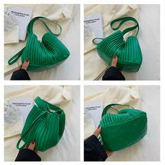 Pleated Stripe Bucket Bag Women Shoulder Bag PU Leather Crossbody Bags