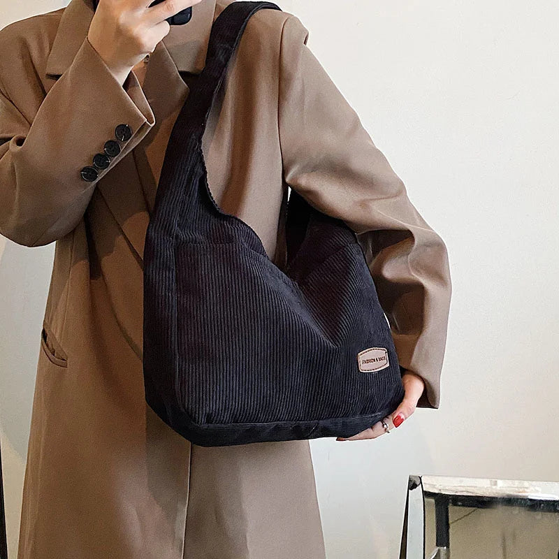Corduroy Big Shoulder Bags for Women Winter Casual Style