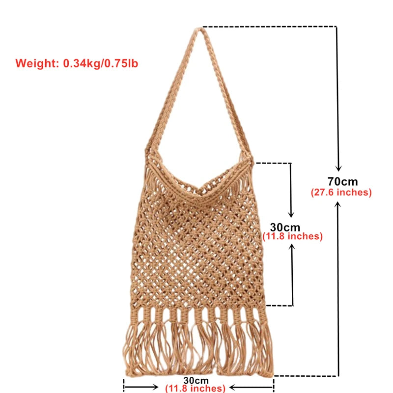 Womens Straw Beach Bag Mesh Tassel Foldable Shoulder Shopping Bag