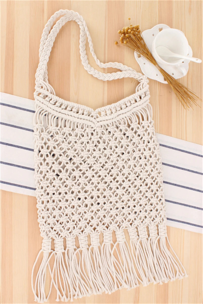 Womens Straw Beach Bag Mesh Tassel Foldable Shoulder Shopping Bag